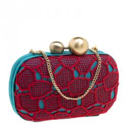 Pre Owned Diane Von Furstenberg Red/Teal Lace Sphere Minaudiere Clutch