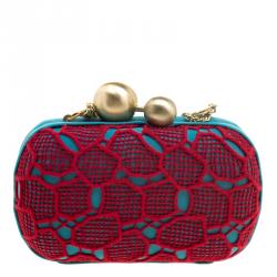 Pre Owned Diane Von Furstenberg Red/Teal Lace Sphere Minaudiere Clutch