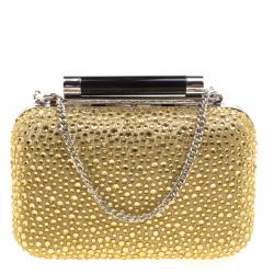 Pre Owned Diane Von Furstenberg Black/Gold Crystal Embellished Tonda Clutch