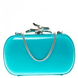 Pre Owned Diane Von Furstenberg Teal Patent Leather Lytton Minaudiere Clutch