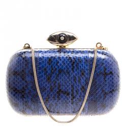Pre Owned Diane Von Furstenberg Blue/Black Snake Skin Evil Eye Minaudiere Clutch