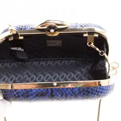 Pre Owned Diane Von Furstenberg Blue/Black Snake Skin Evil Eye Minaudiere Clutch