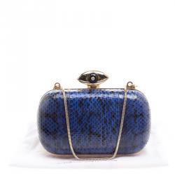 Pre Owned Diane Von Furstenberg Blue/Black Snake Skin Evil Eye Minaudiere Clutch