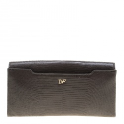 Pre Owned Diane Von Furstenberg Grey Lizard Embossed Leather Envelope Clutch