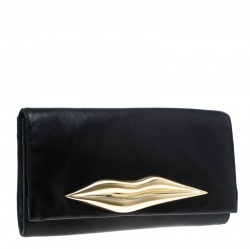 Pre Owned Diane Von Furstenberg Black Leather Carolina Lips Clutch
