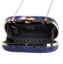 Pre Owned Diane Von Furstenberg Blue/Black Snakeskin Evil Eye Minaudiere Chain Clutch