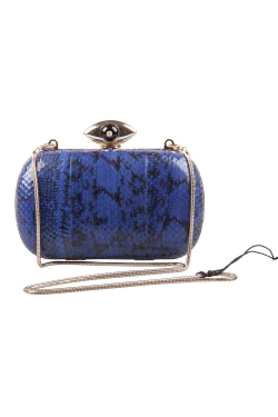 Pre Owned Diane Von Furstenberg Blue/Black Snakeskin Evil Eye Minaudiere Chain Clutch
