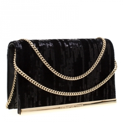 Diane Von Furstenberg Black Sequins Embellished Suede and Leather Soiree Chain Bag