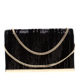 Diane Von Furstenberg Black Sequins Embellished Suede and Leather Soiree Chain Bag