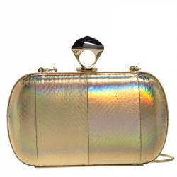 Pre Owned Diane von Furstenberg Gold Snakeskin Effect Leather Powerstone Minaudiere Clutch