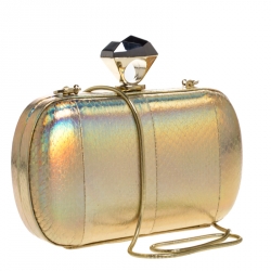 Pre Owned Diane von Furstenberg Gold Snakeskin Effect Leather Powerstone Minaudiere Clutch