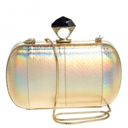 Pre Owned Diane von Furstenberg Gold Snakeskin Effect Leather Powerstone Minaudiere Clutch