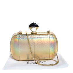 Pre Owned Diane von Furstenberg Gold Snakeskin Effect Leather Powerstone Minaudiere Clutch