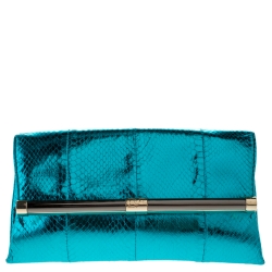 Diane Von Furstenberg Metallic Turquoise Snake Effect Leather Clutch
