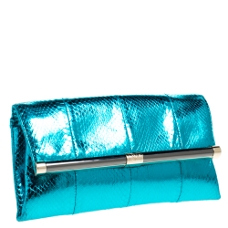 Diane Von Furstenberg Metallic Turquoise Snake Effect Leather Clutch