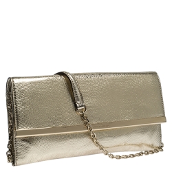 Pre Owned Diane Von Furstenberg Metallic Gold Lizrad Embossed Leather Chain Clutch