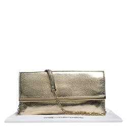 Pre Owned Diane Von Furstenberg Metallic Gold Lizrad Embossed Leather Chain Clutch