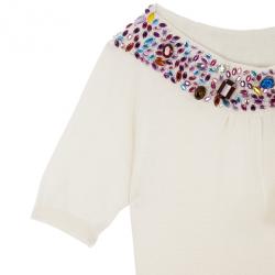 Pre Owned Dior White Embellshed Neckline Top M