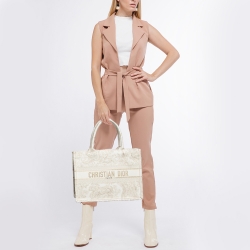 Pre Owned Dior Gold/White Toile De Jouy Embroidered Canvas Medium Book Tote