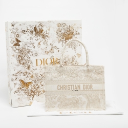 Pre Owned Dior Gold/White Toile De Jouy Embroidered Canvas Medium Book Tote