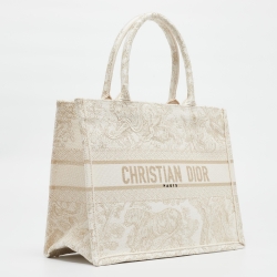 Pre Owned Dior Gold/White Toile De Jouy Embroidered Canvas Medium Book Tote