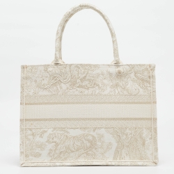 Pre Owned Dior Gold/White Toile De Jouy Embroidered Canvas Medium Book Tote