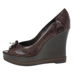 مملوكة مسبقًا Dior Brown Cannage Leather Peep Toe Wedge Pumps Size 40
