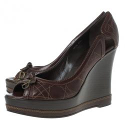 مملوكة مسبقًا Dior Brown Cannage Leather Peep Toe Wedge Pumps Size 40