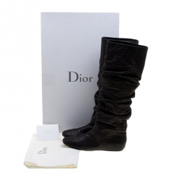 Pre Owned Dior Black Ruched Cannage Leather Knee High Boots Size 38.5