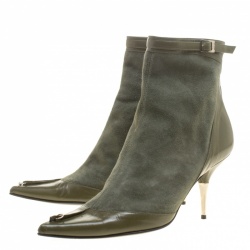 Pre Owned Dior Army Green Suede and Leather Glam Piercing Pointed Toe Ankle Boots Size 40.5