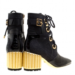 Pre Owned حذاء بوت كاحل ديور كعب عريض غلوريوس سكولبتد جلد مشقق وكانفاس أسود مقاس 35.5