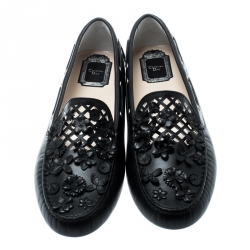 Pre Owned حذاء لوفرز ديور فلور جلد مزخرف زهور قصة ليزر أسود مقاس 41.5