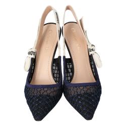 Pre Owned Dior Deep Blue Mesh Embroidered Ribbon J'Adior Slingback Pumps Size 35.5