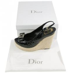 Dior Black Patent Cannage Espadrille Wedge Sandals Size 39