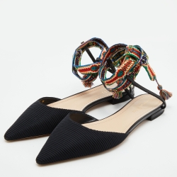 Pre Owned Dior Black Technical Fabric J'adior Pointed Toe Ankle Strap Flats Size 40