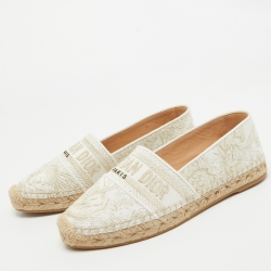 Pre Owned Dior White/Gold Embroidered Canvas Granville Espadrille Flats Size 38