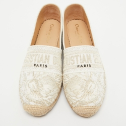 Pre Owned Dior White/Gold Embroidered Canvas Granville Espadrille Flats Size 38