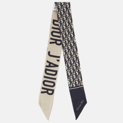 Pre Owned Dior Navy Blue/Beige J'Adior Oblique Silk Mitzah Scarf