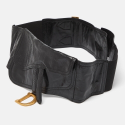 Dior Black Crinkled Leather and Stretch Band Saddle Belt 90 CM