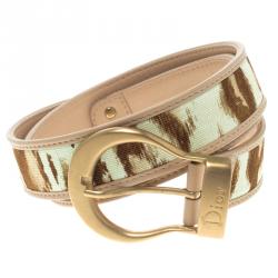 Pre Owned حزام ديور جلد وكانفاس بني/ بيج 80 سم