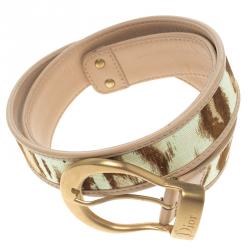 Pre Owned حزام ديور جلد وكانفاس بني/ بيج 80 سم