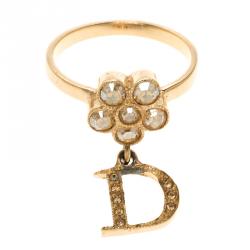 مملوكة مسبقًا Dior Flower Crystal Rose Gold Tone D Charm Ring Size 56