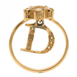 مملوكة مسبقًا Dior Flower Crystal Rose Gold Tone D Charm Ring Size 56