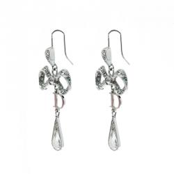 Pre Owned Dior Bow Crystal Enamel Silver Tone Dangle Hook Earrings