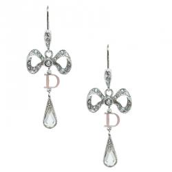Pre Owned Dior Bow Crystal Enamel Silver Tone Dangle Hook Earrings