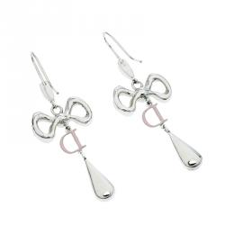 Pre Owned Dior Bow Crystal Enamel Silver Tone Dangle Hook Earrings