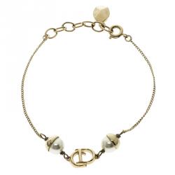 Pre Owned Dior Mise En Dior Faux Pearl Gold Tone Bracelet