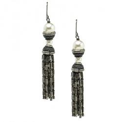 Pre Owned Dior Faux Pearl Silver Tone Tassel Dangle Hook Earrings 