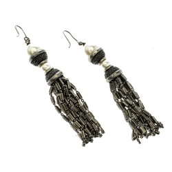 Pre Owned Dior Faux Pearl Silver Tone Tassel Dangle Hook Earrings 