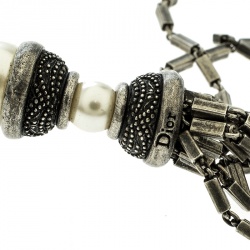 Pre Owned Dior Faux Pearl Silver Tone Tassel Dangle Hook Earrings 